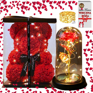 Kvetinová ozdoba - VEĽKÝ MEDVEĎ S RUŽAMI LED 40CM VEČNÁ RUŽA DARČEK NA VALENTÍNA XXL SADA